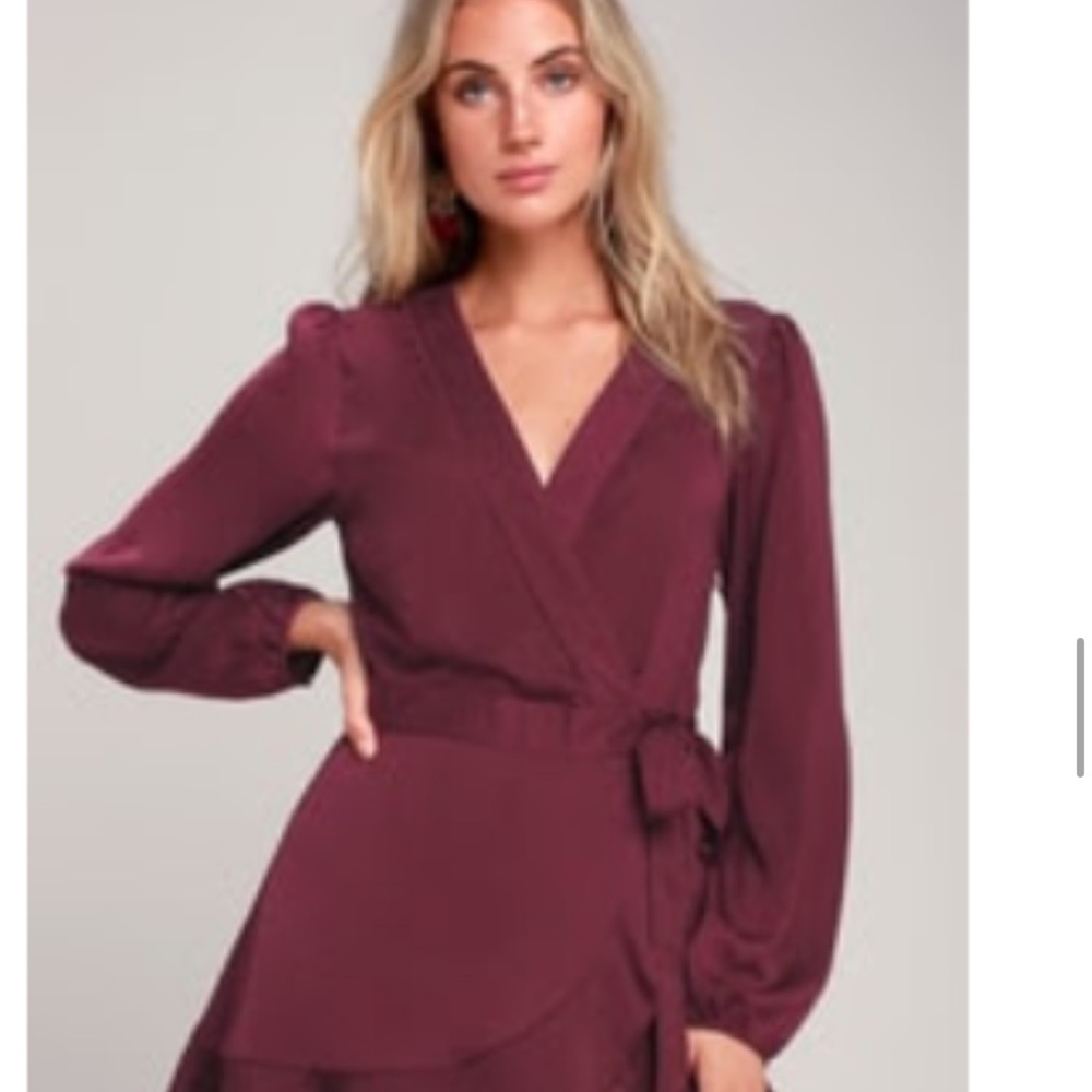 Lulu's Red Pleated Wrap Dress with Bishop Sleeves